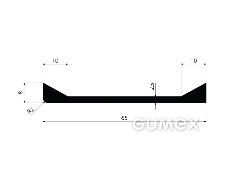 Geformtes Gummiprofil, 8x65mm, 70°ShA, EPDM, -40°C/+100°C, schwarz, 